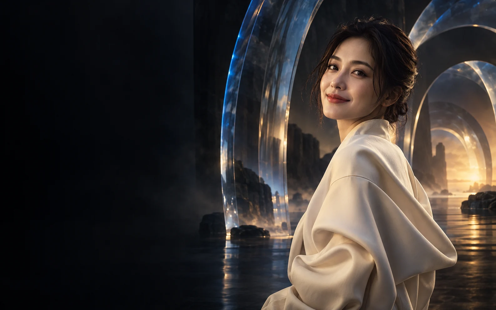 AI 创作的品牌概念影像：暖光下的虚构成年女性与光学玻璃空间，并非签约明星或客户案例。